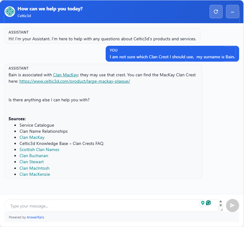 An example chat session using AnswerRails AI powered chat assistant for WordPress